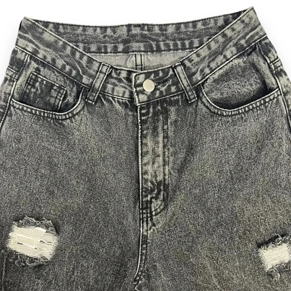 Women’s Wide Leg High Waisted Jeana Distressed Dark Grey Acid Wash Jeans Sz Med - Picture 4 of 12